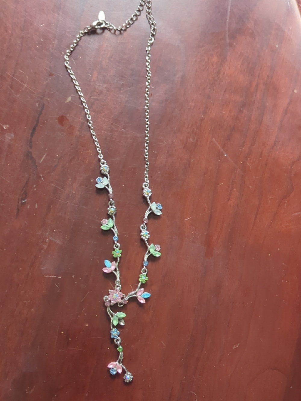 Delicate Silver Floral Vine Necklace with Pink, Blue & Green Accents